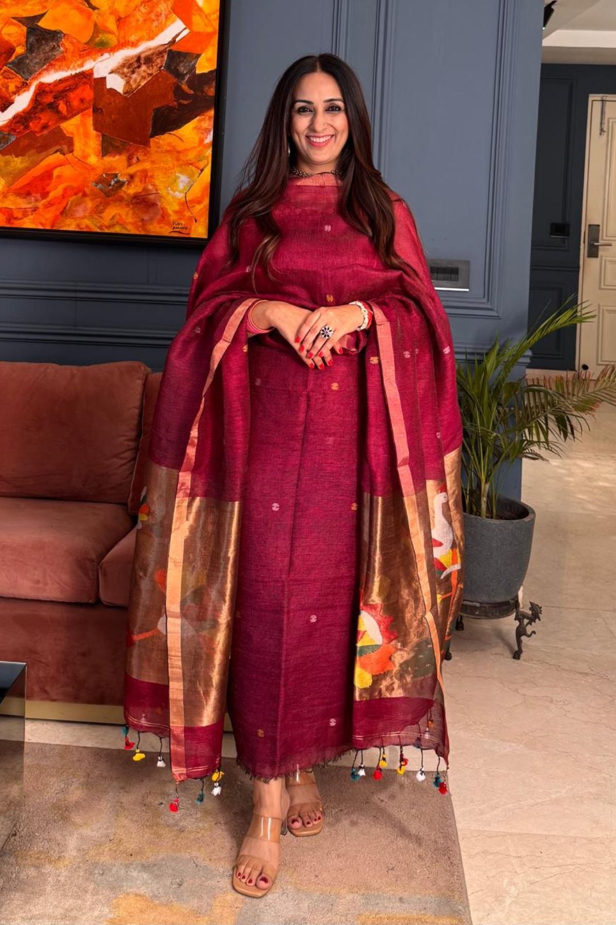 Paithani inspired Jamdani work on tissue linen